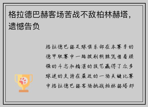格拉德巴赫客场苦战不敌柏林赫塔，遗憾告负